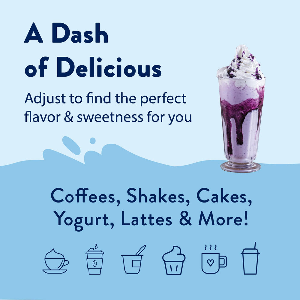 Jordan's Skinny Mixes bottle next to a coffee cup showing serving size guidance