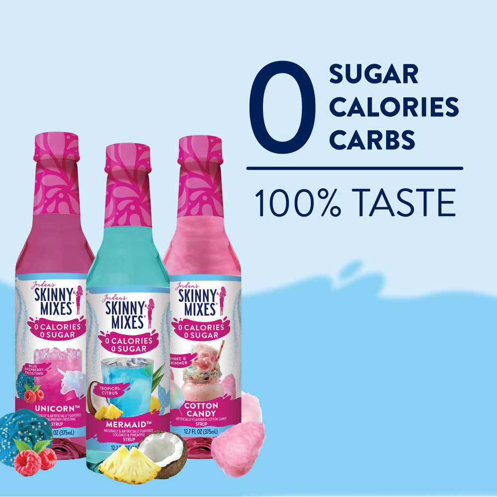 Jordan's Skinny Mixes bottle closeup of label and cap, detailed branding and flavor info