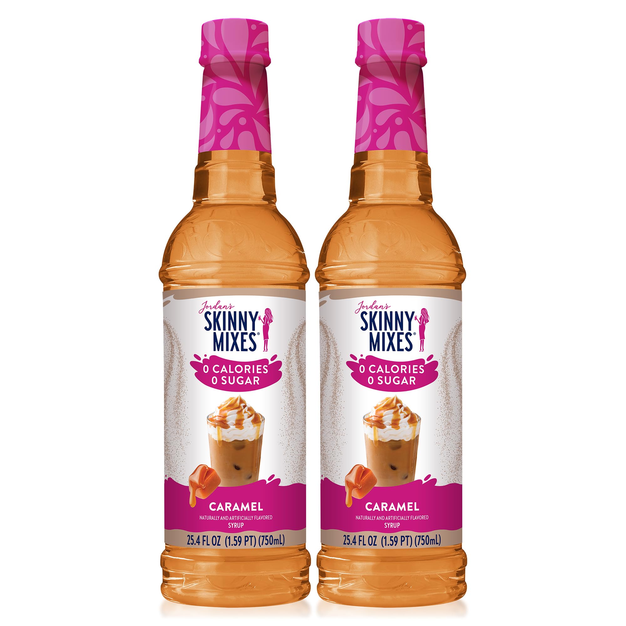 Jordan's Skinny Mixes front packaging showing caramel bottles and product details, convenient two-pack