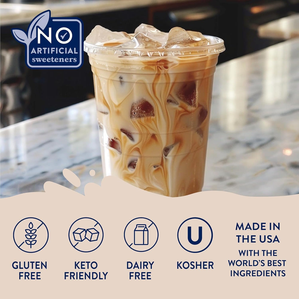 Jordan's Skinny Mixes caramel syrup added to iced coffee glass, adds café flavor without sugar