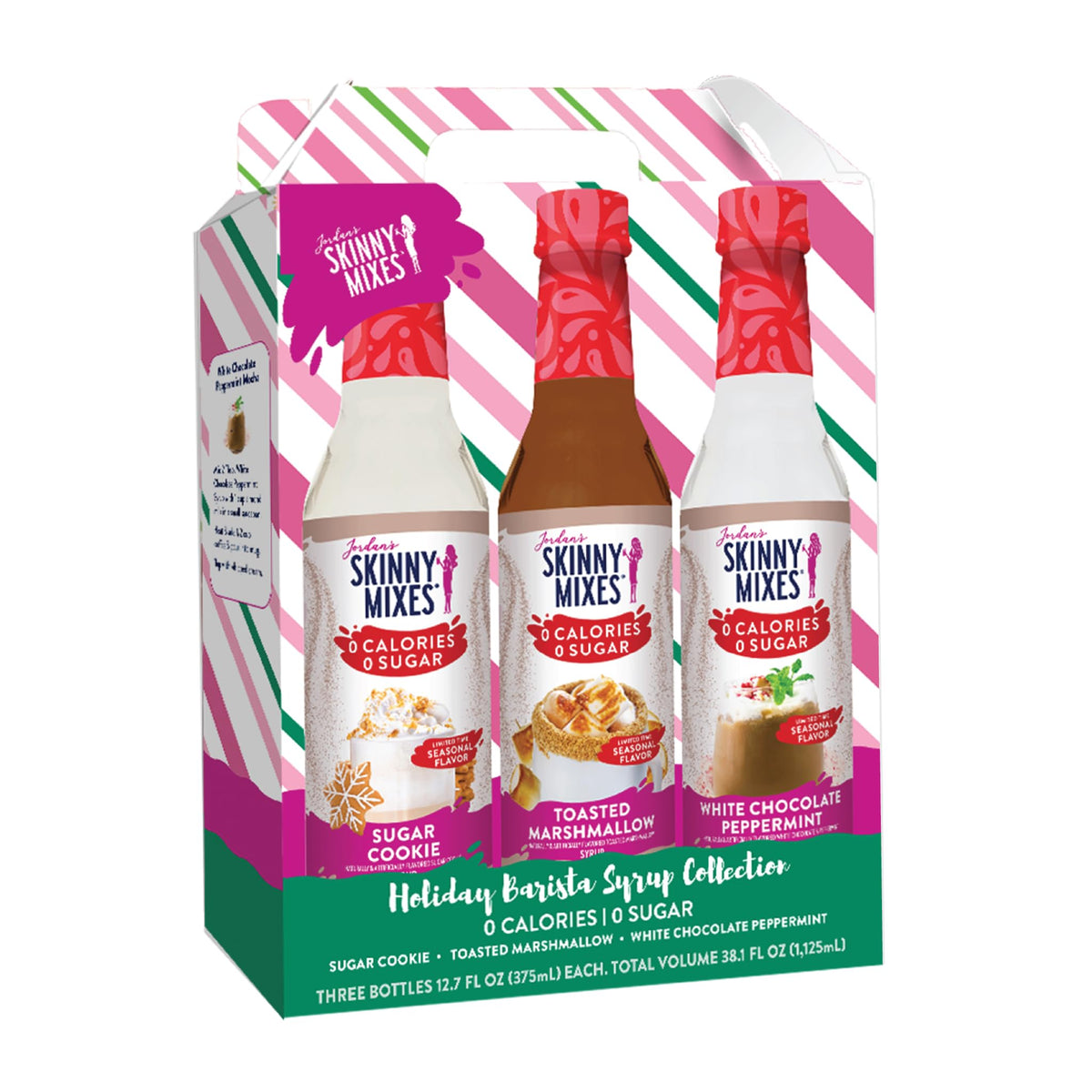 Jordan's Skinny Mixes front packaging showing all three holiday syrup bottles, highlighting festive flavors