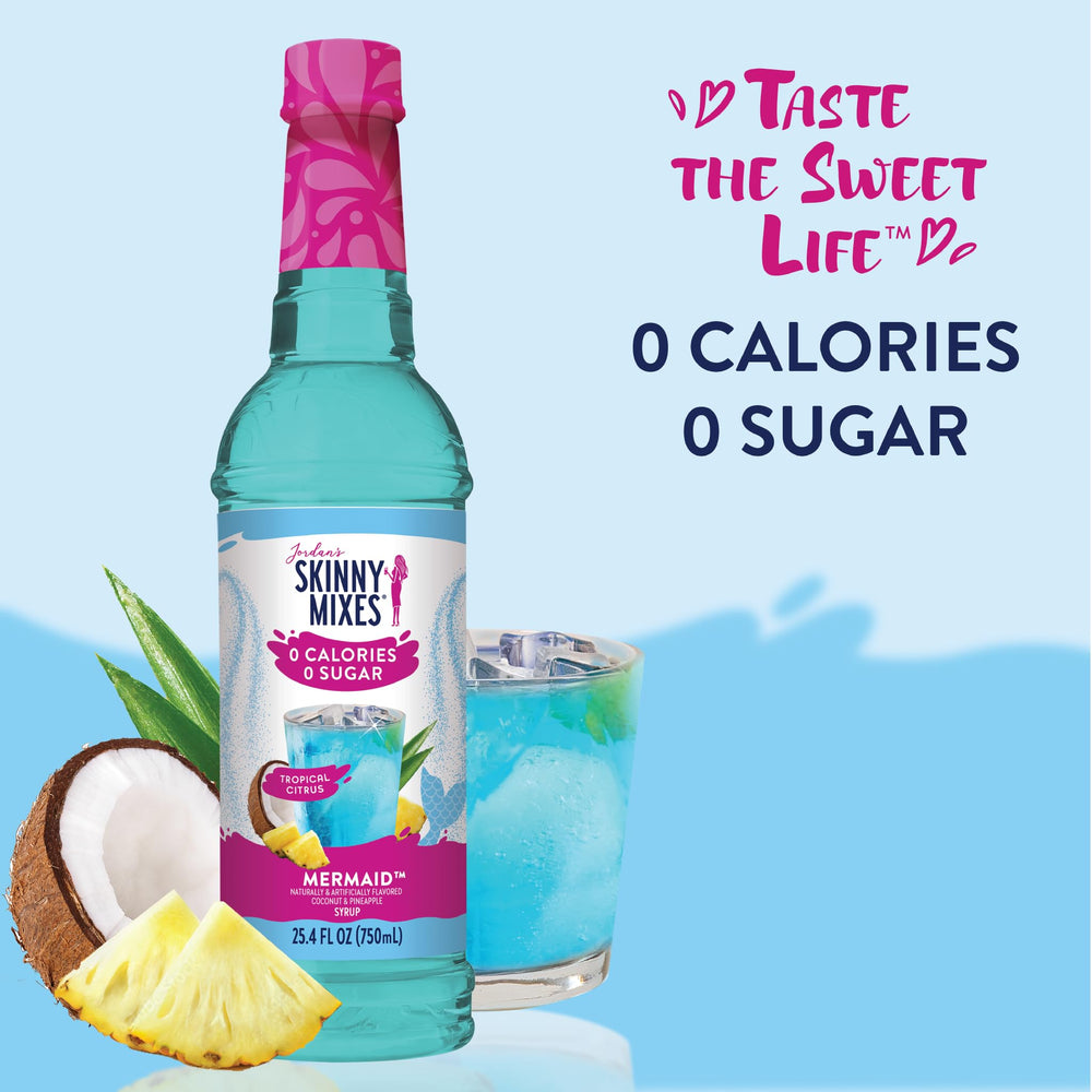 Jordan's Skinny Mixes label close-up highlighting mermaid flavor and sugar-free benefit