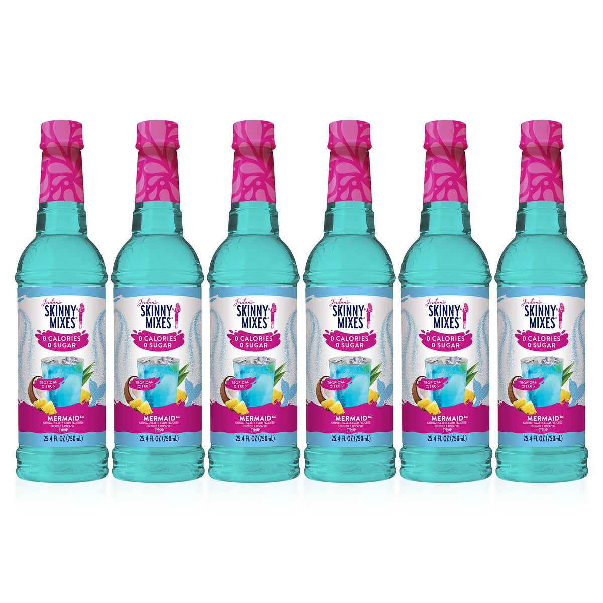 Jordan's Skinny Mixes front bottle view showing mermaid syrup, clear branding, shelf-ready convenience