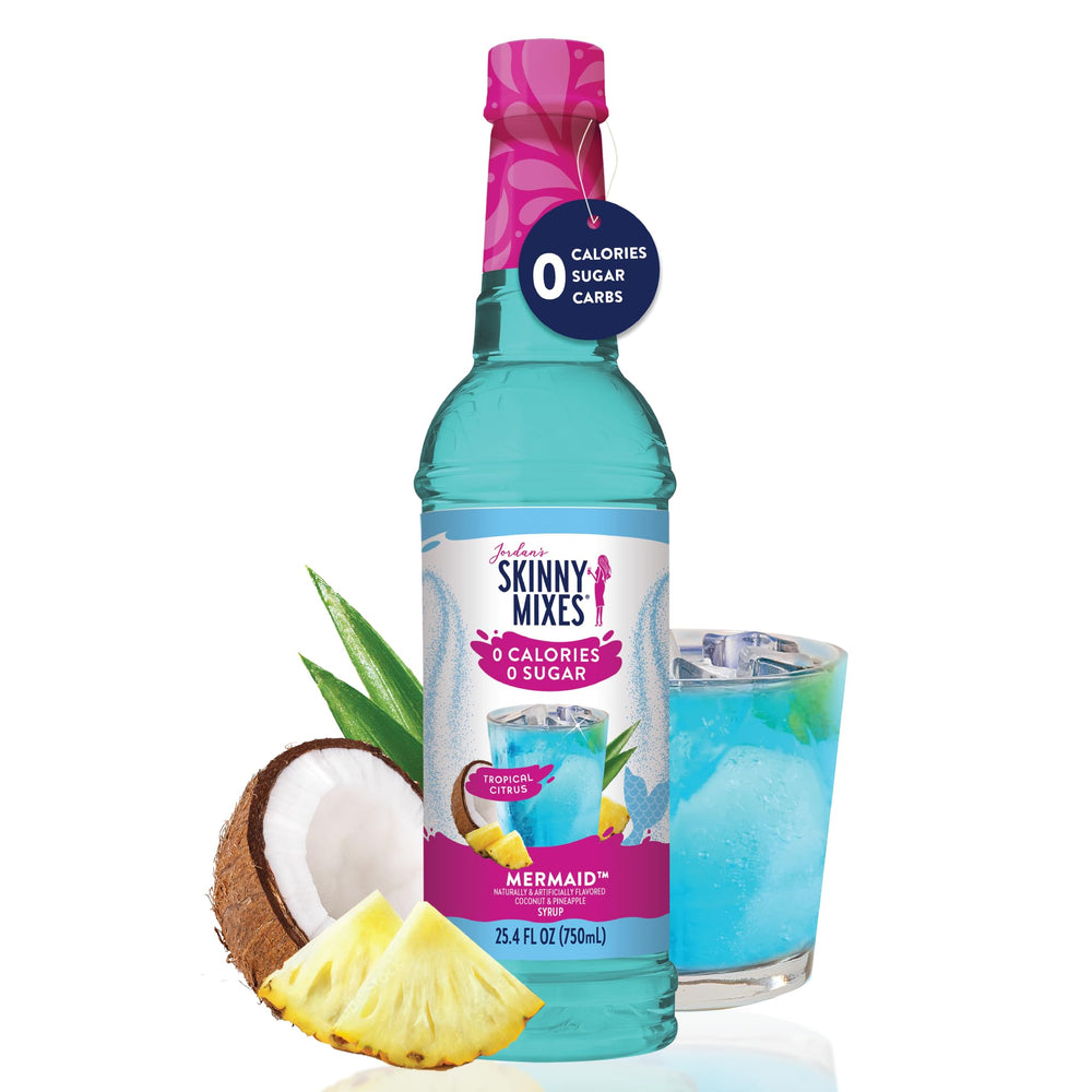 Jordan's Skinny Mixes bottle next to a ruler showing compact 25.4 oz size and space-saving benefit
