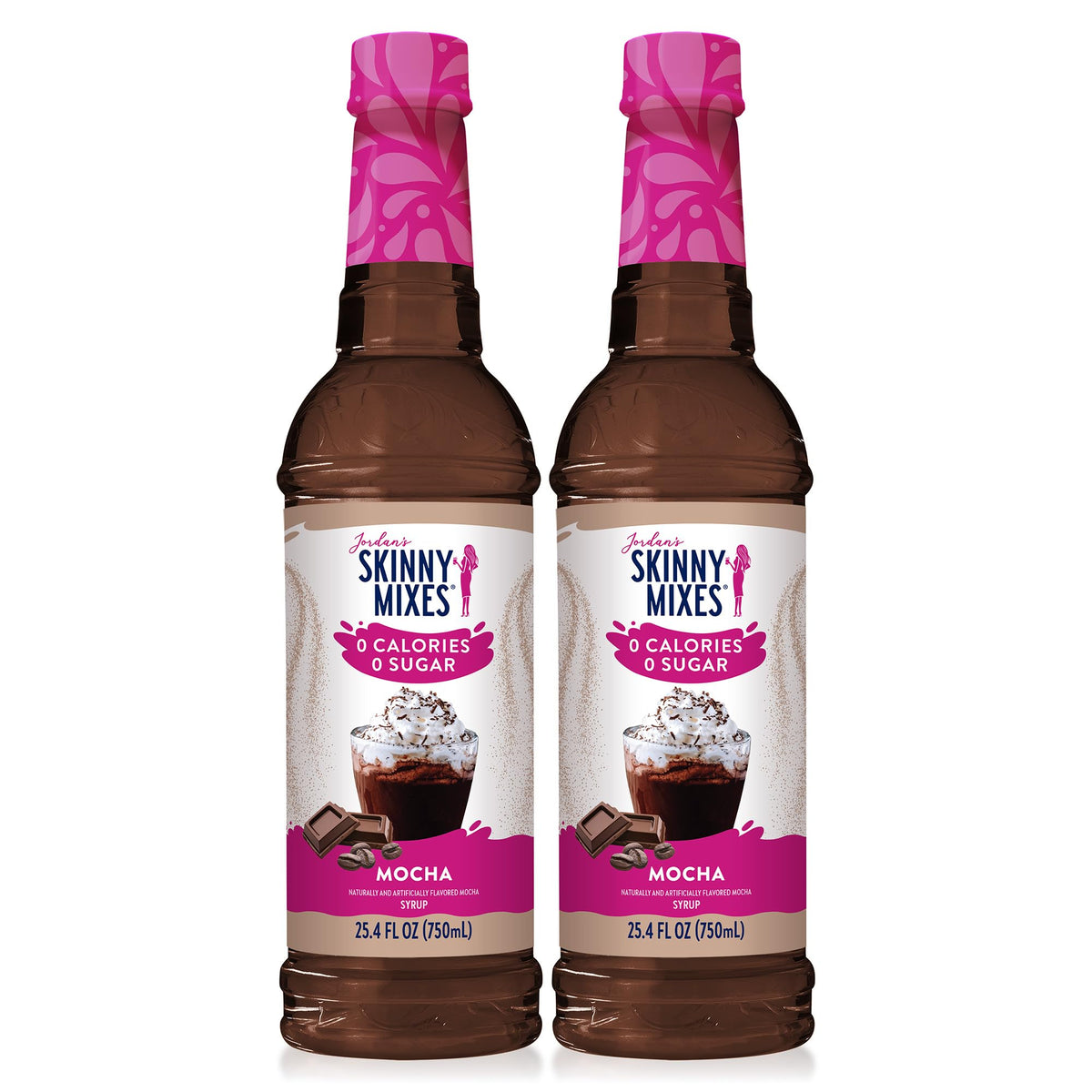 Jordan's Skinny Mixes front label showing mocha flavor and 25.4 fl oz bottle benefit