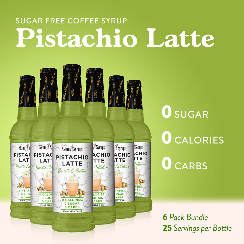 Jordan's Skinny Mixes pistachio syrup pouring close-up, shows pour control and smooth texture