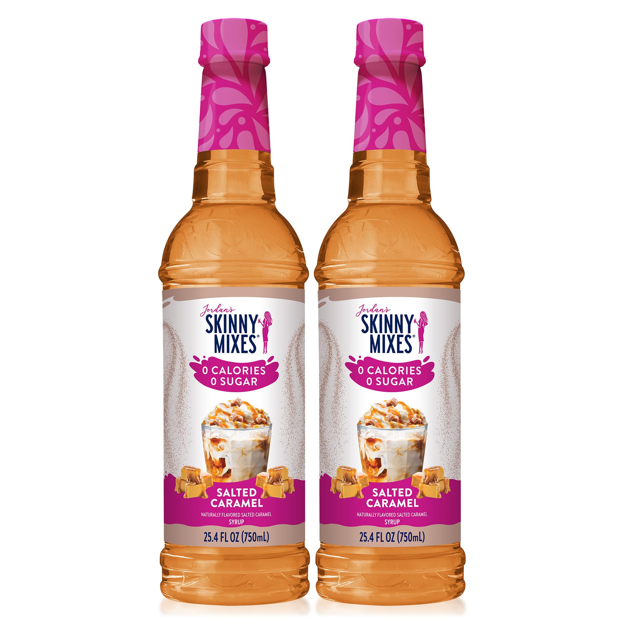 Jordan's Skinny Mixes front packaging showing bottled salted caramel and zero calories benefit