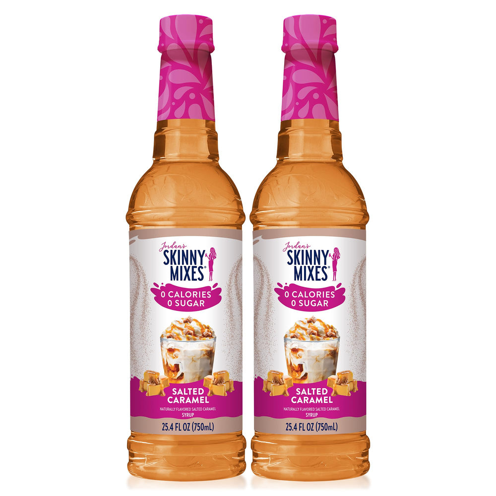 Jordan's Skinny Mixes front packaging showing bottled salted caramel and zero calories benefit