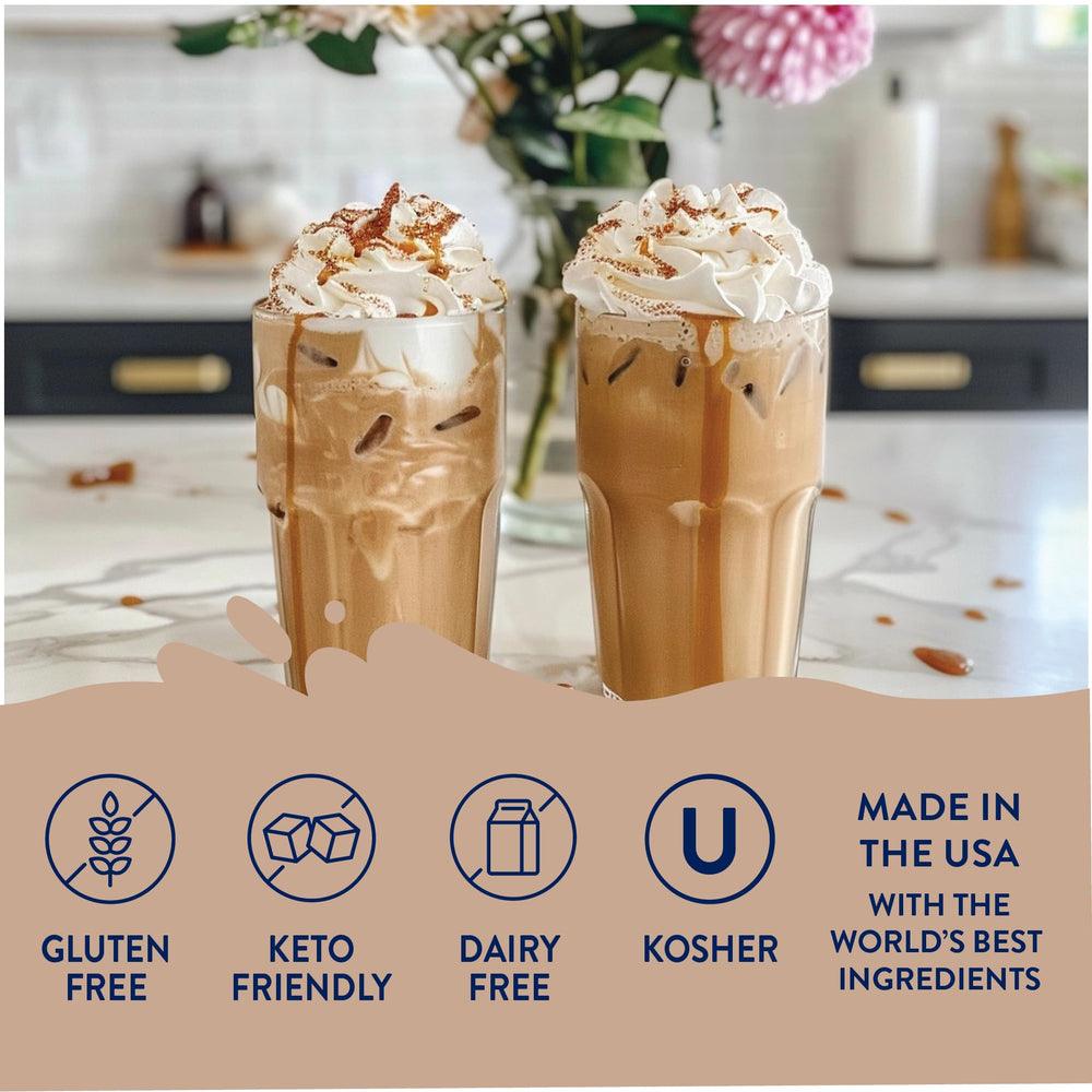 Jordan's Skinny Mixes salted caramel latte in hand showing café-style taste with no added sugar benefit