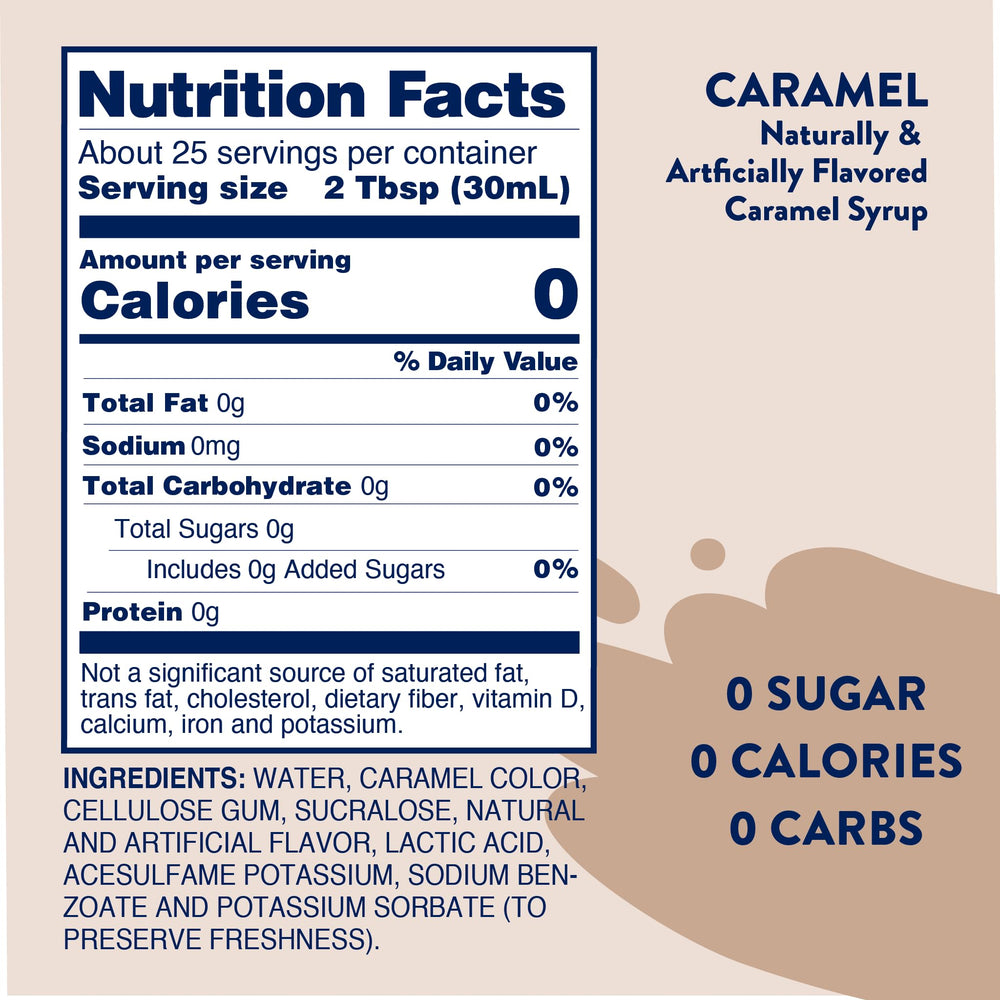Jordan's Skinny Mixes bottle beside measuring cup showing 25.4 oz scale and portion control benefit