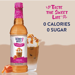 Jordan's Skinny Mixes syrup pouring from bottle into cup demonstrating smooth blend and sugar-free benefit