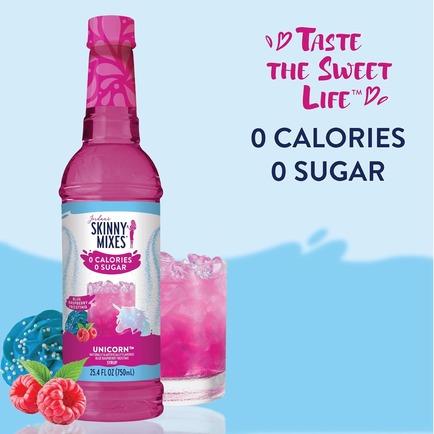 Jordan's Skinny Mixes Unicorn closeup of label and syrup texture, emphasizes easy mixing