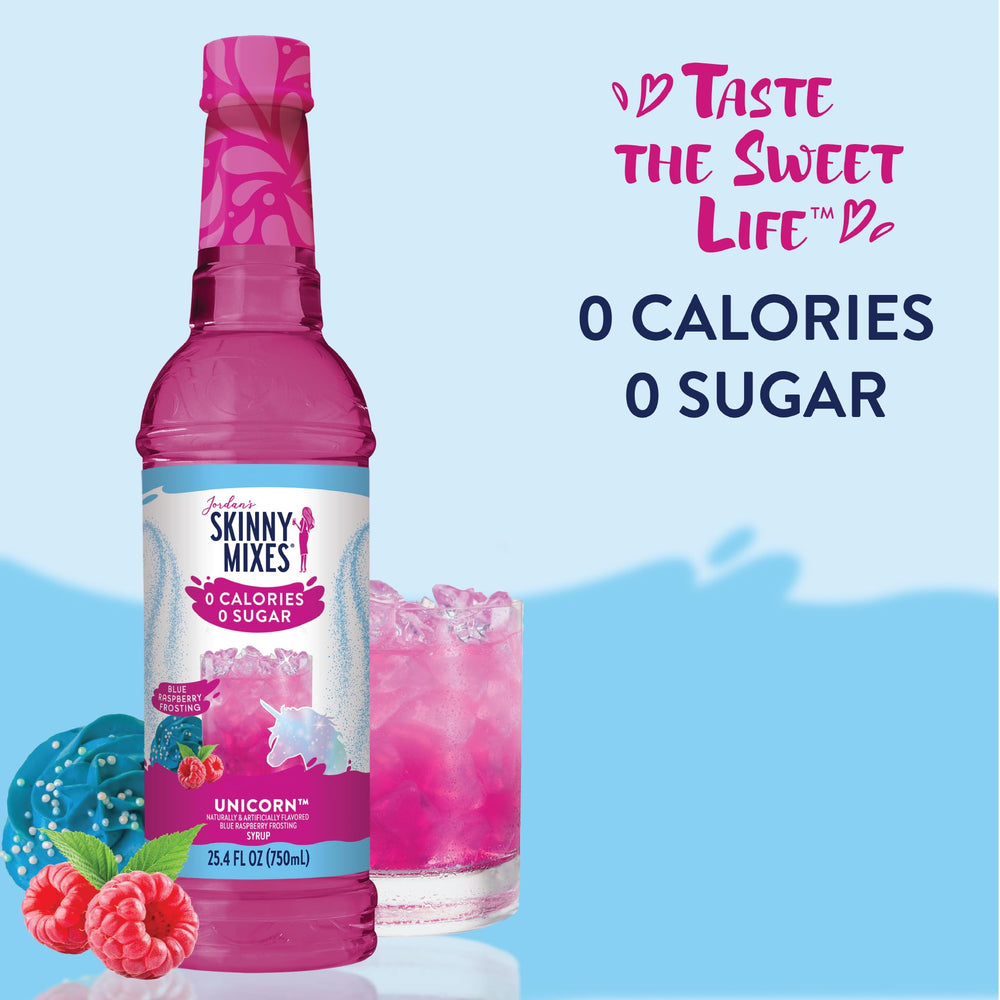 Jordan's Skinny Mixes pouring Unicorn syrup into a glass for quick flavor