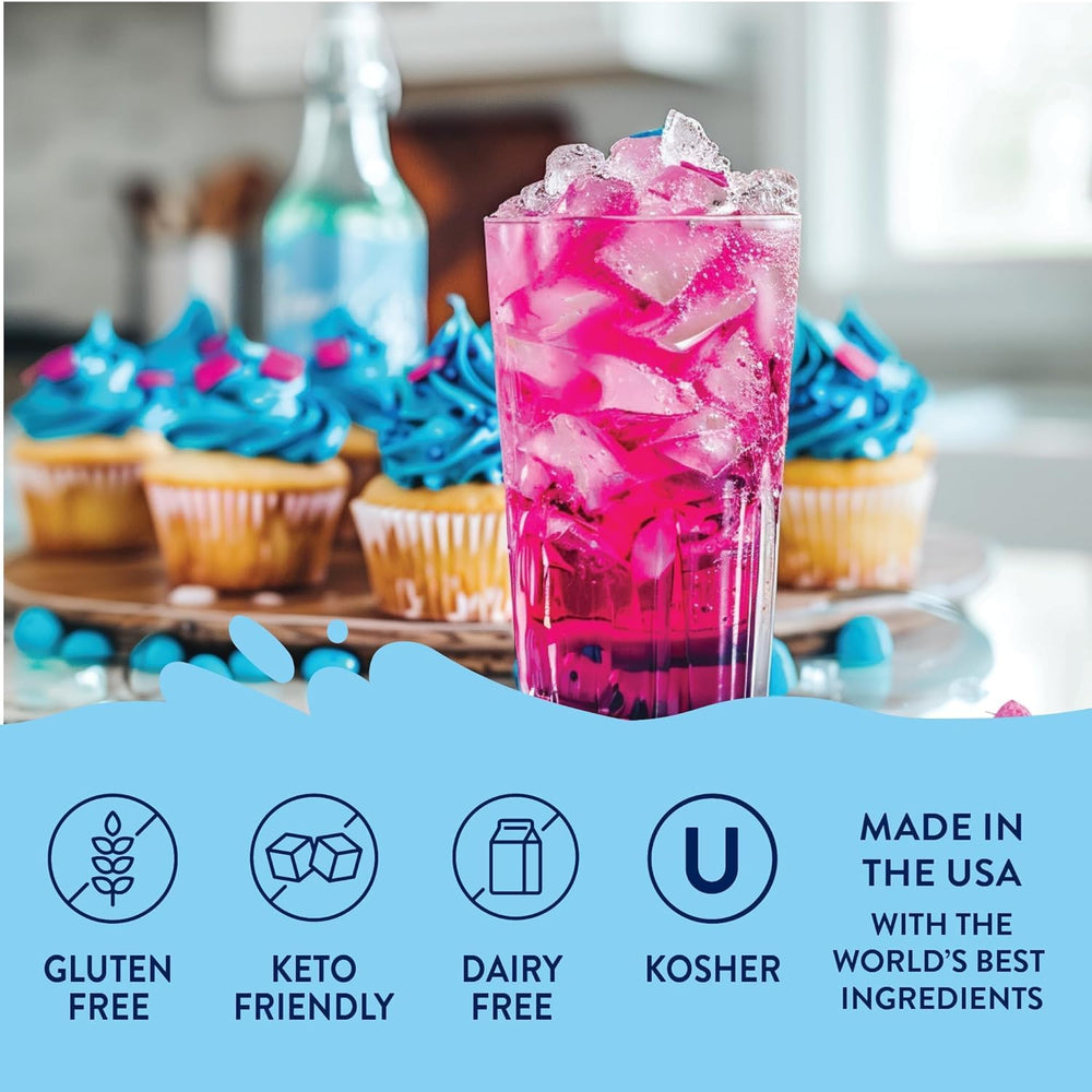 Jordan's Skinny Mixes Unicorn next to a measuring cup and coffee, shows serving size clarity