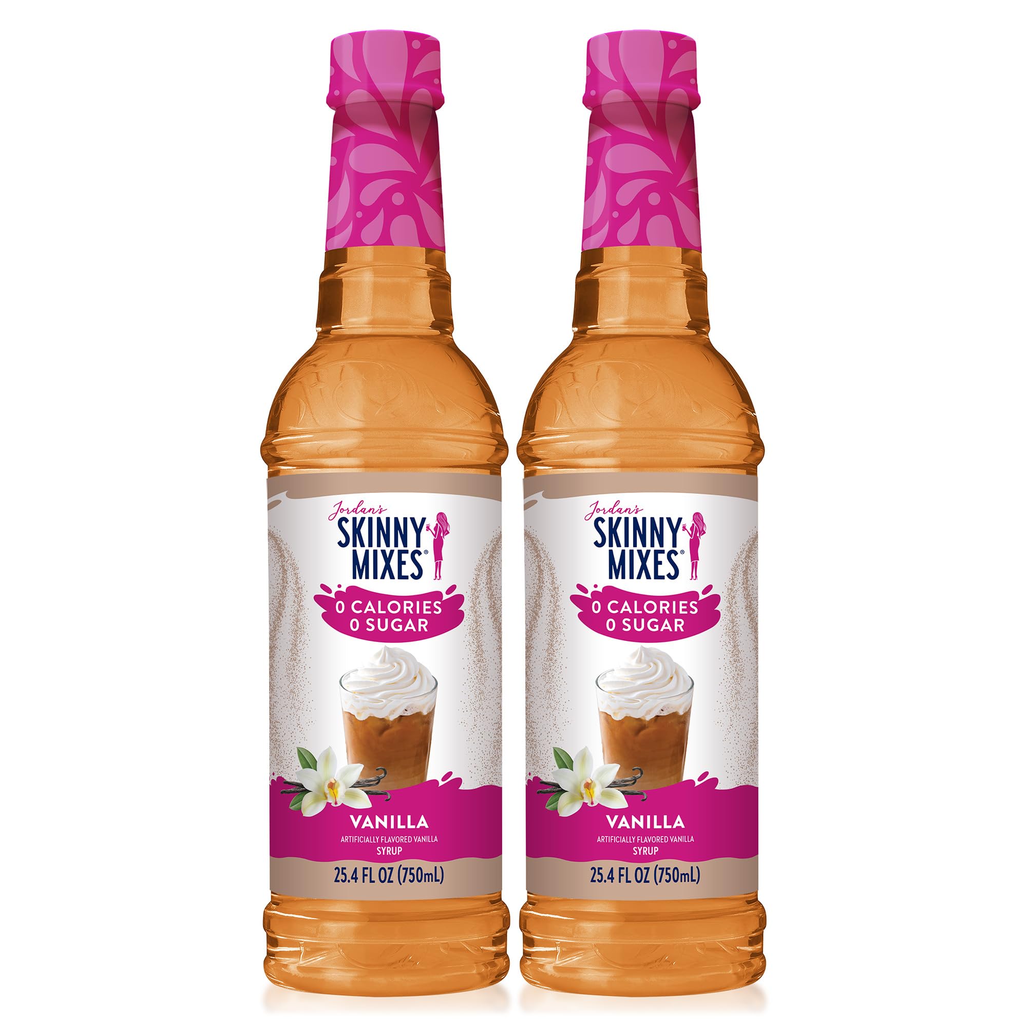 Jordan's Skinny Mixes bottle front view showing vanilla syrup and branding benefit