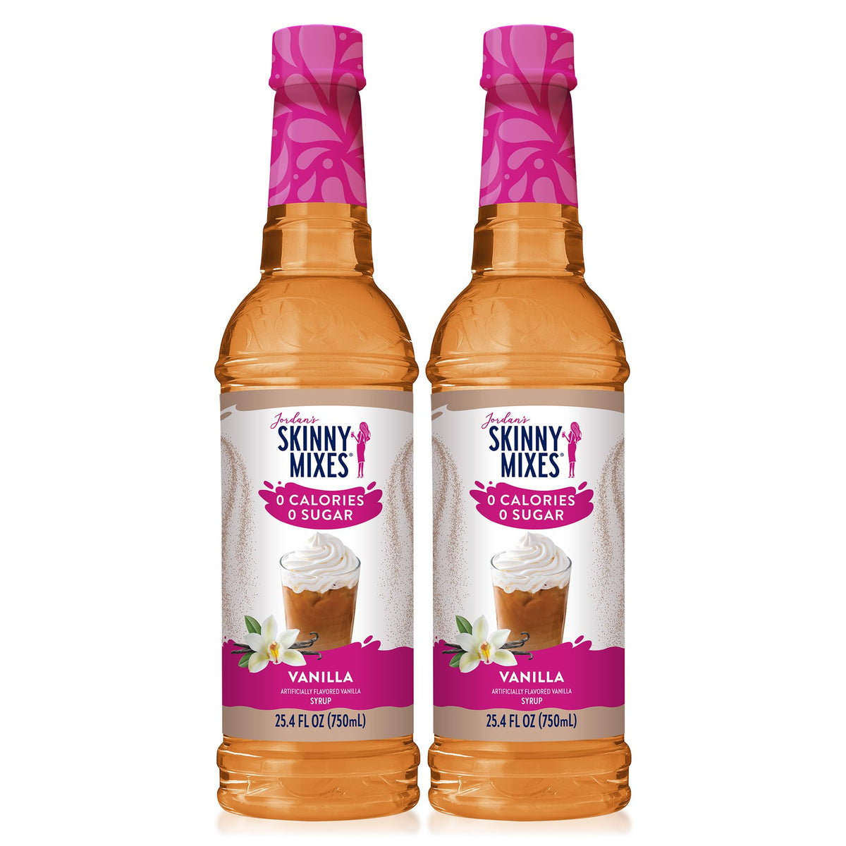 Jordan's Skinny Mixes bottle front view showing vanilla syrup and branding benefit