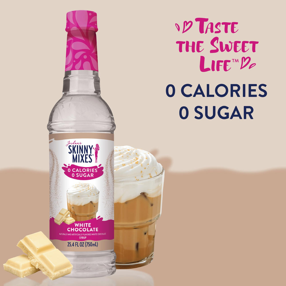 Jordan's Skinny Mixes syrup pouring into coffee delivering instant white chocolate flavor
