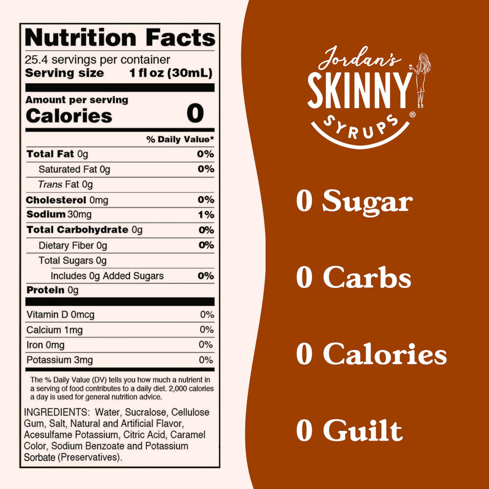 Jordan's Skinny Syrups ingredient and nutrition panel showing zero-calorie benefit