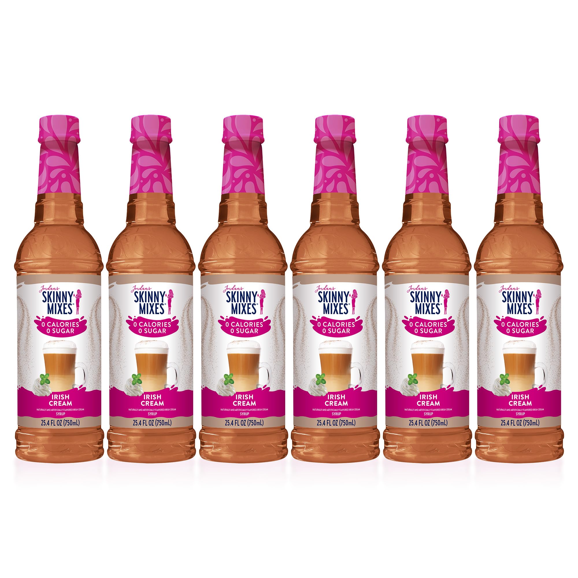 Jordan's Skinny Syrups front pack showing six 25.4 oz bottles and branding benefit