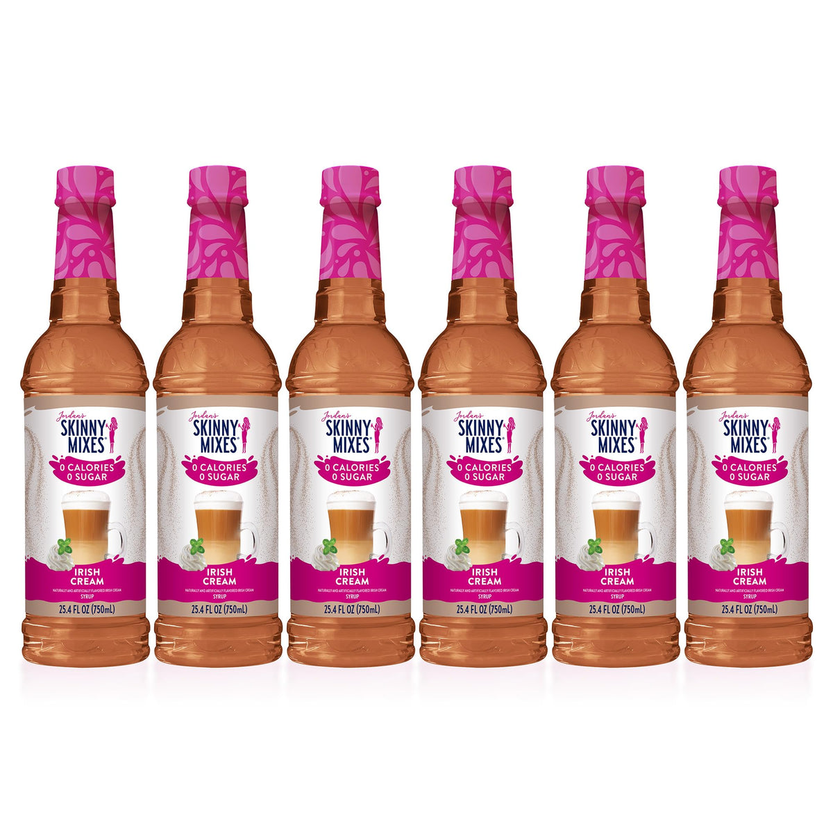 Jordan's Skinny Syrups front pack showing six 25.4 oz bottles and branding benefit