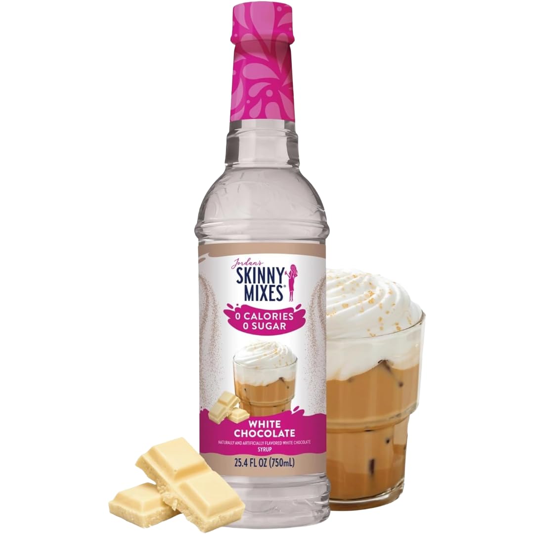 Jordan's Skinny Syrups front label showing white chocolate flavor and 750ml size benefit