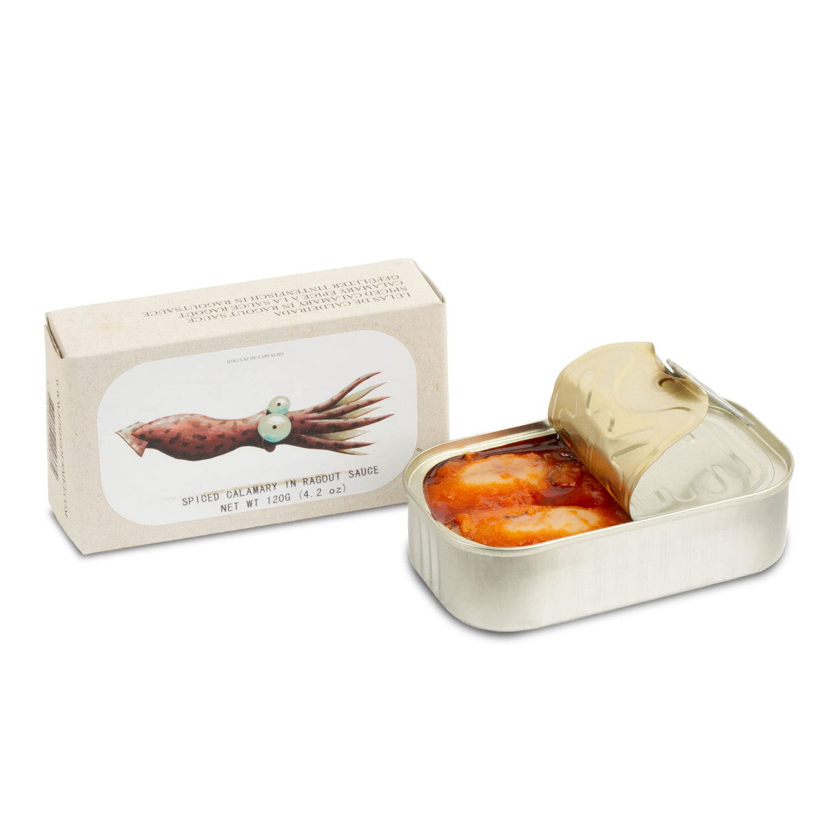JOSE Gourmet front packaging showing spiced calamari can, highlights convenience