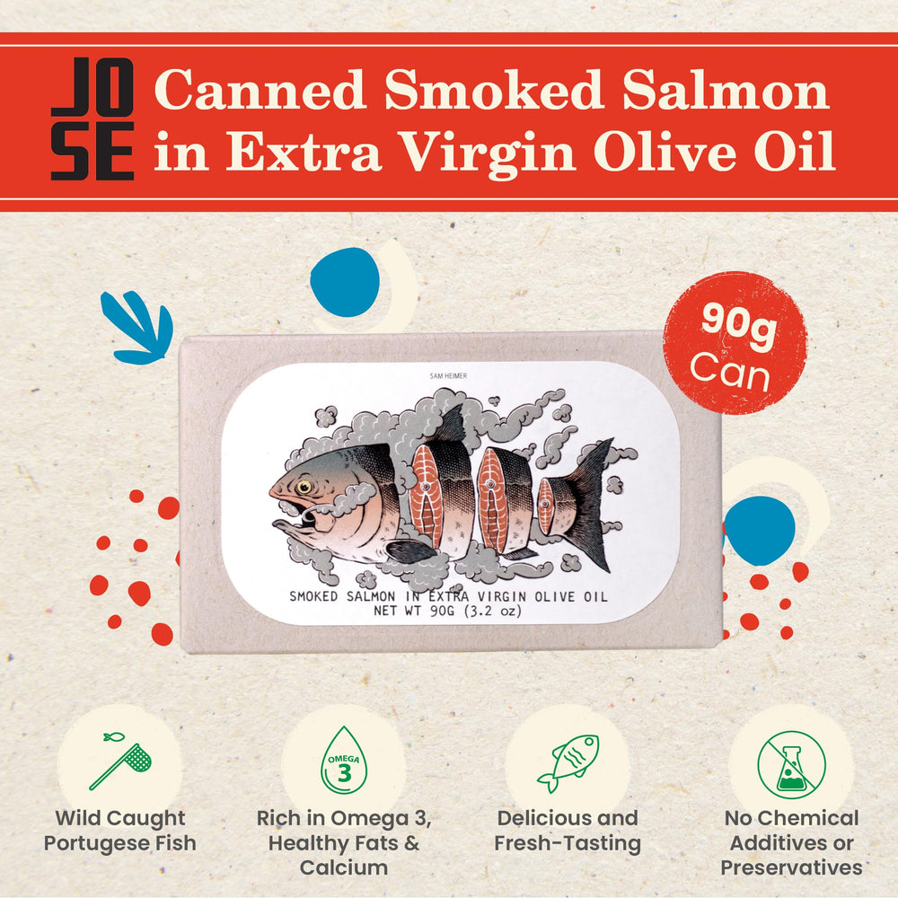 JOSE Gourmet open can revealing salmon fillet in olive oil for ready-to-eat convenience
