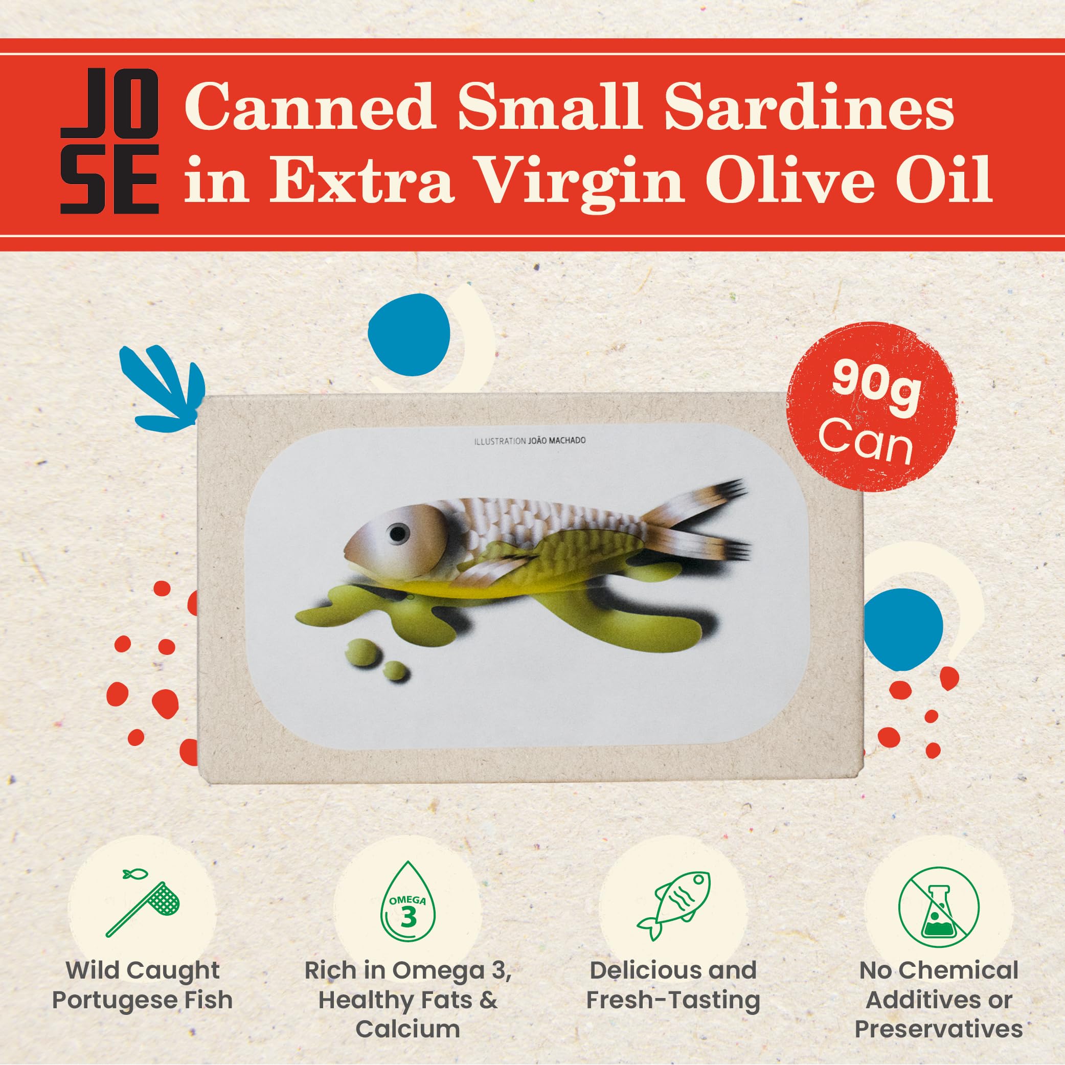 JOSE Gourmet open can overhead showing sardines in oil, ready-to-eat convenience