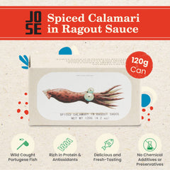JOSE Gourmet open can displaying ragout sauce and calamari, showcases ready-to-eat
