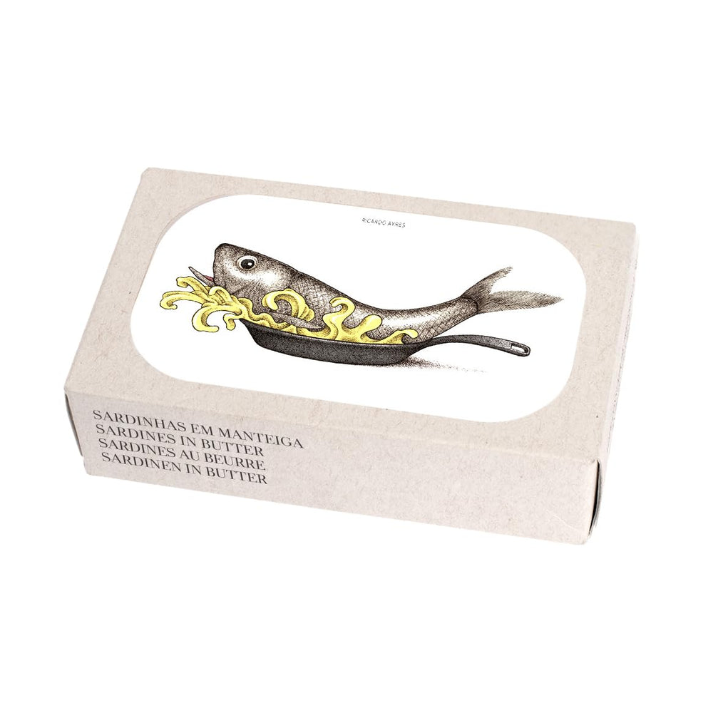 JOSE Gourmet front tin showing label and butter-packed sardines, ready to serve
