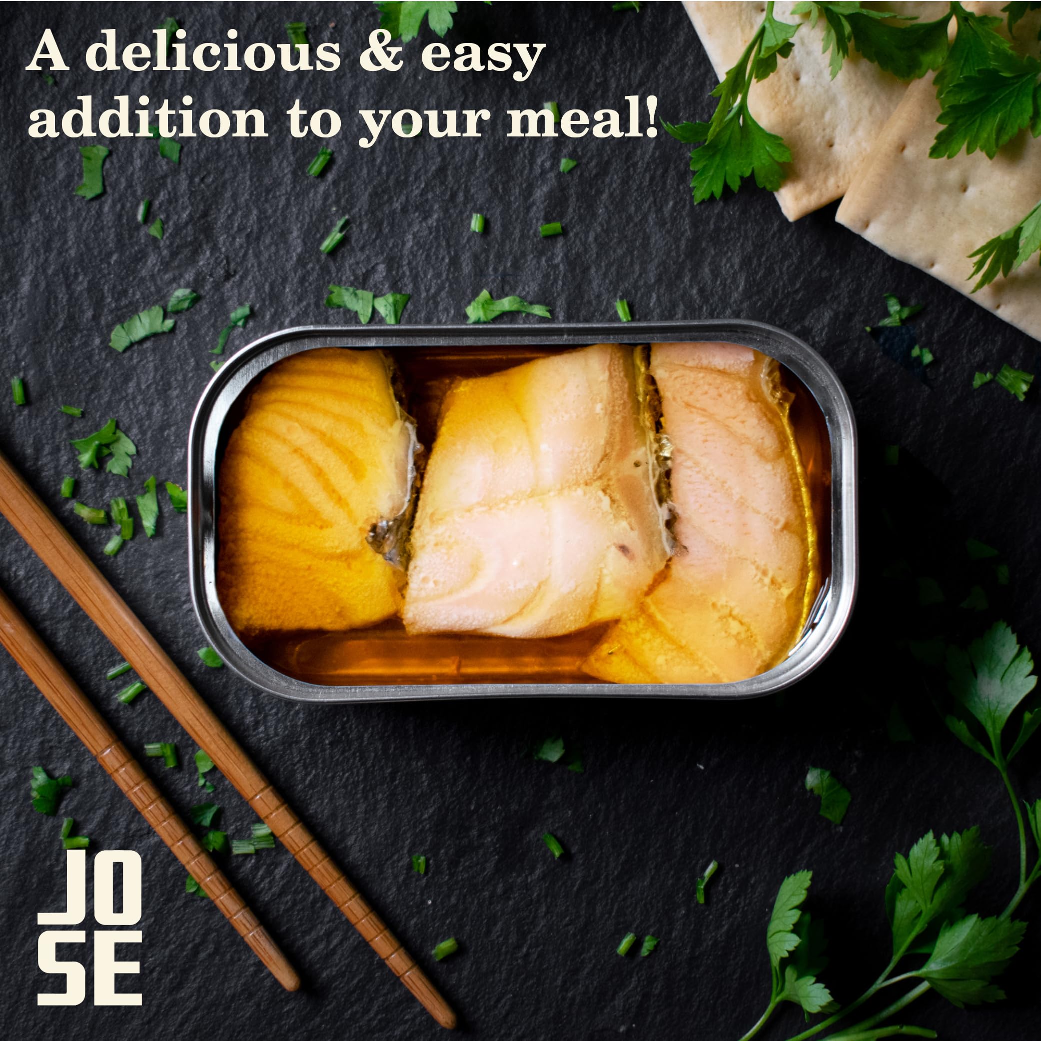 JOSE Gourmet 90g can beside a hand to show scale for portion planning