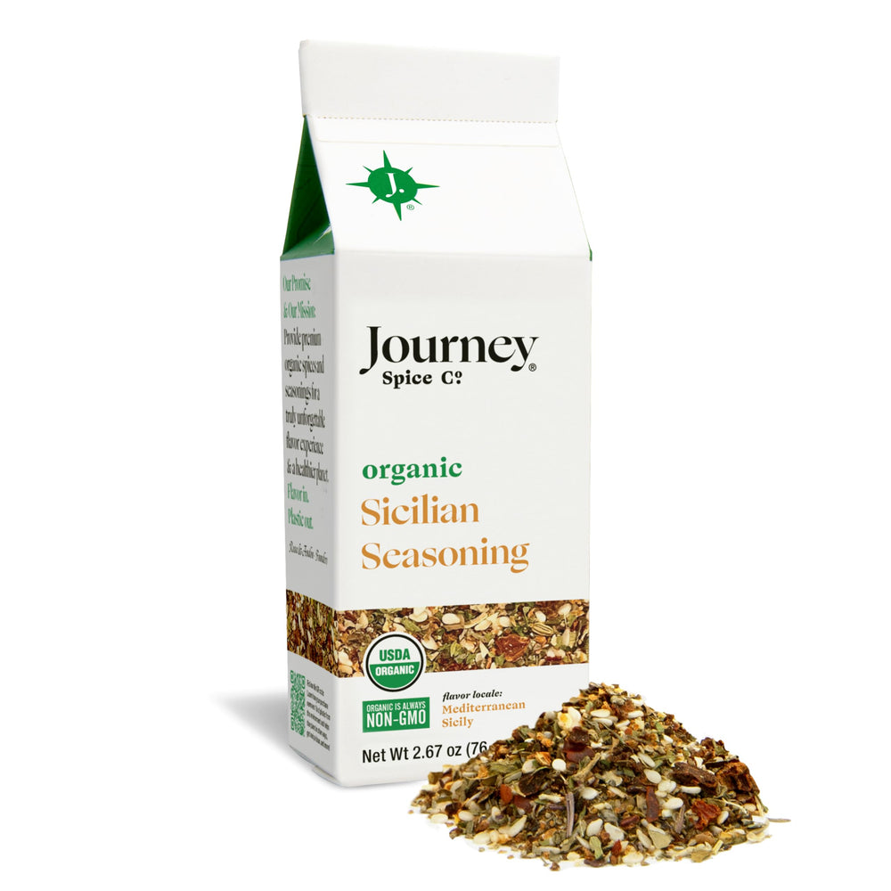 Journey Spice Co. front packaging showing label and recyclable jar benefits