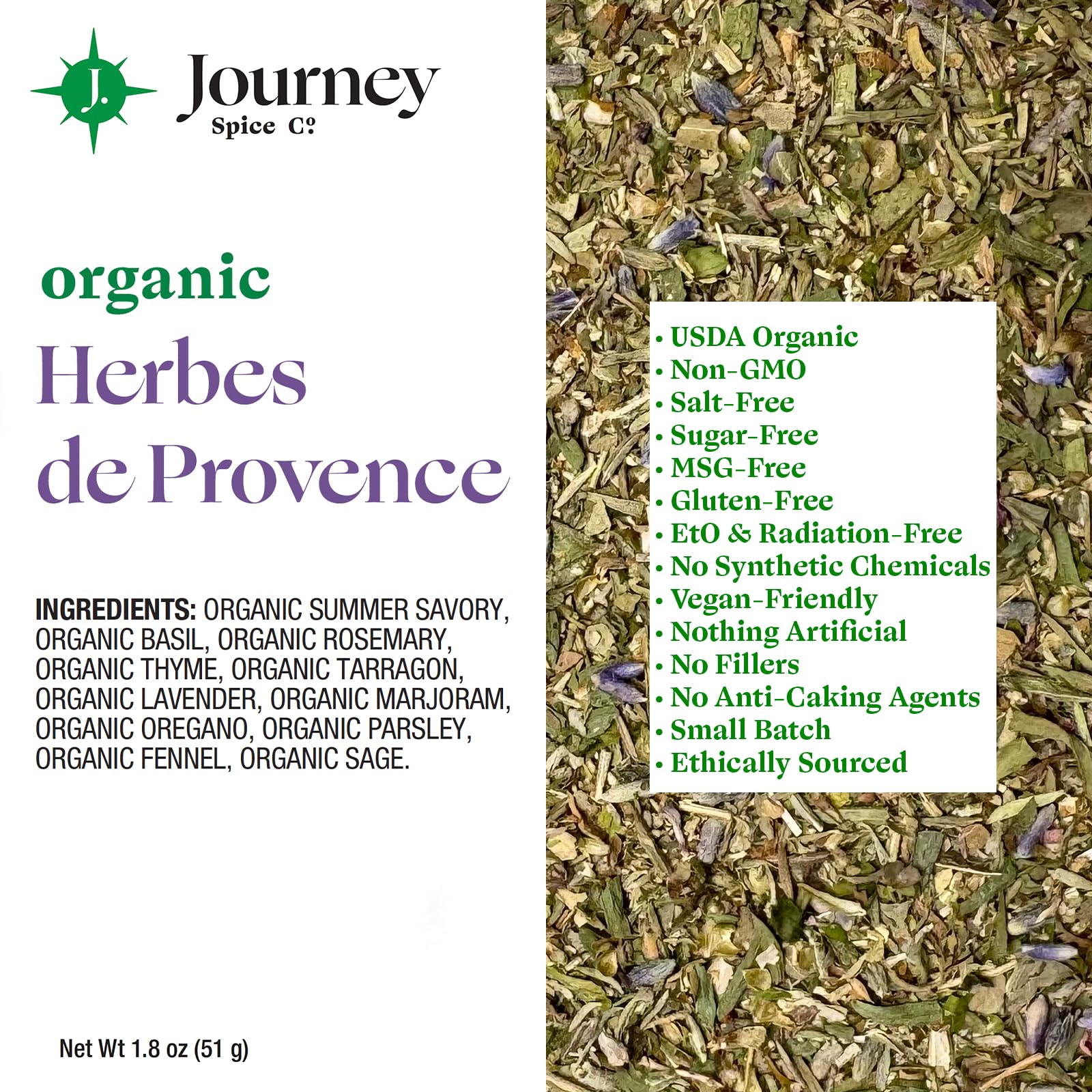 Journey Spice Co. open jar revealing dried herb texture and aroma for fresh seasoning
