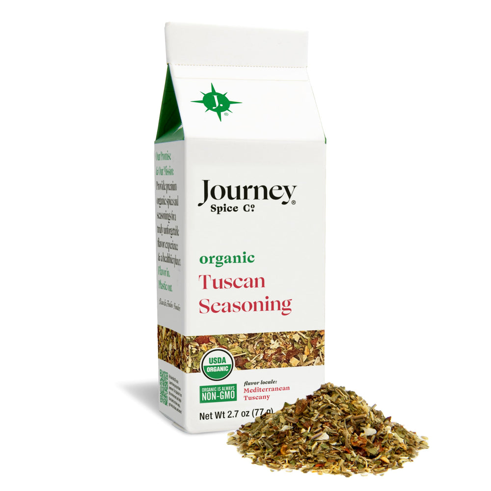 Journey Spice Co. front packaging showing organic Tuscan seasoning and recyclable benefits