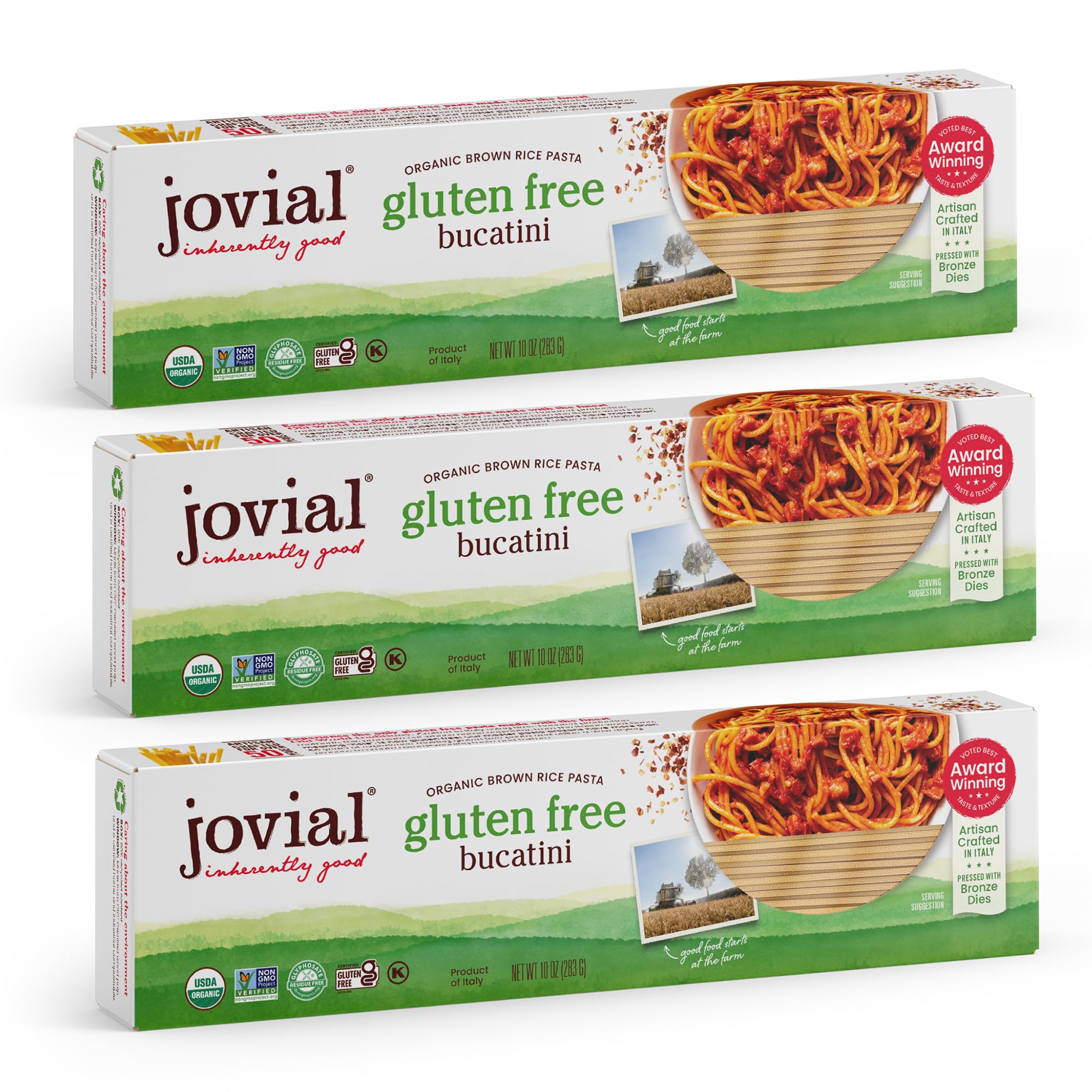 Jovial front packaging showing organic brown rice bucatini and benefits