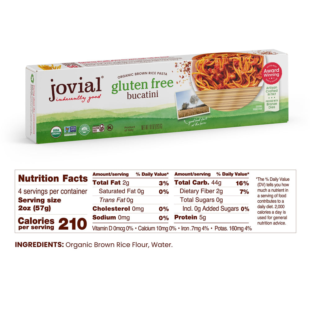 Jovial label detail with ingredients and organic certification benefits