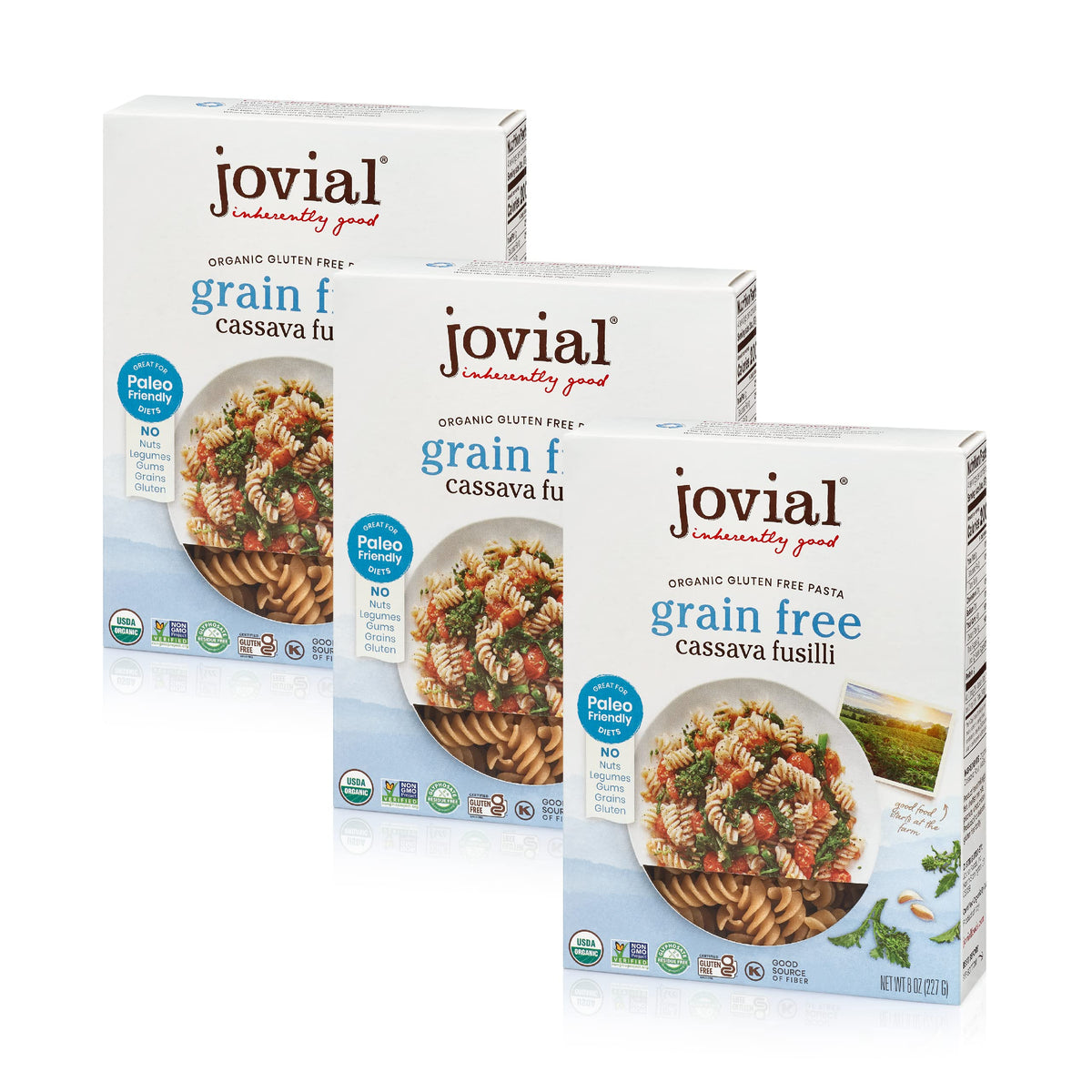 Jovial front packaging showing organic cassava fusilli and certifications benefits