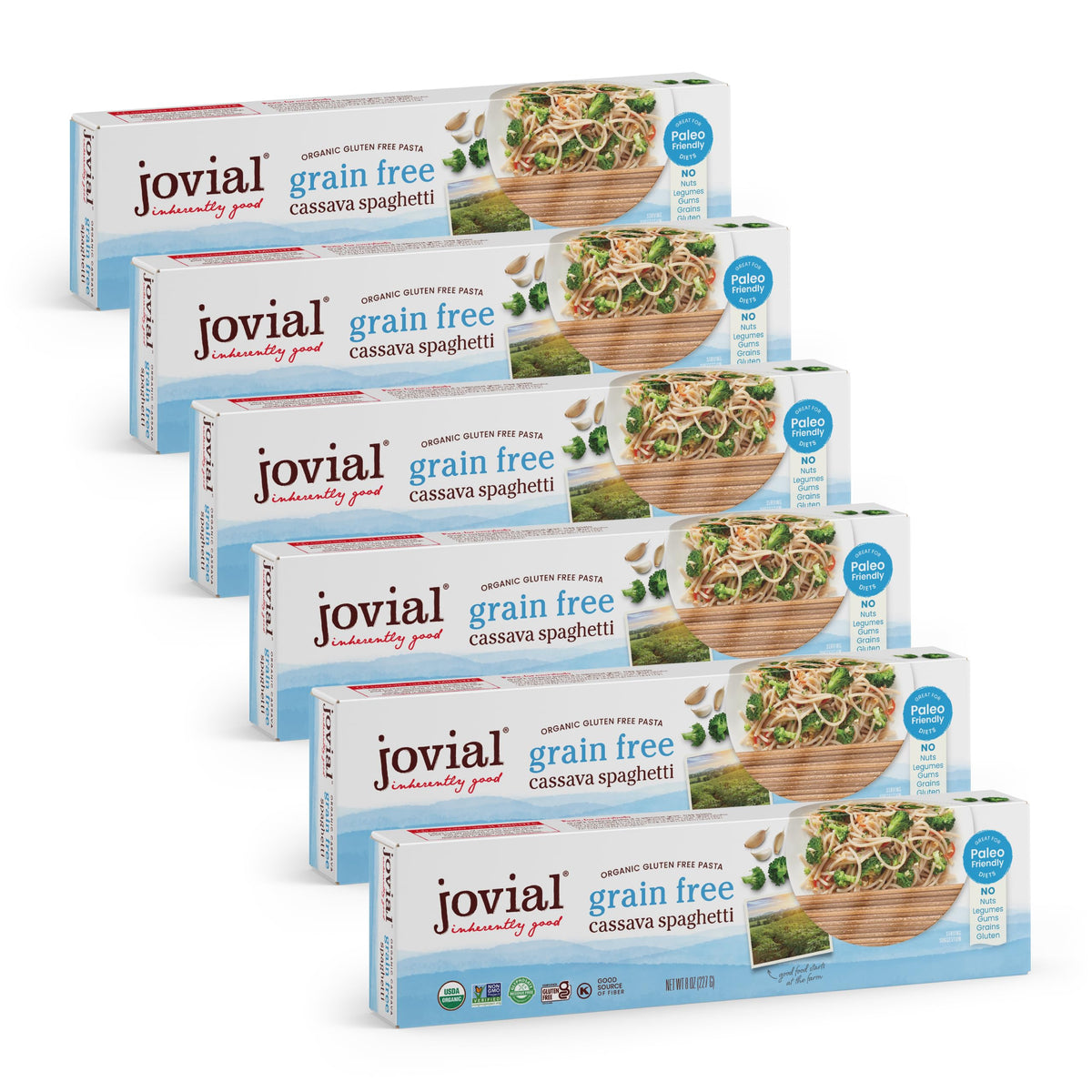 Jovial front packaging showing organic cassava spaghetti and benefits