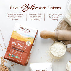 Loaf of bread made with Jovial einkorn flour illustrating rich flavor and tender crumb