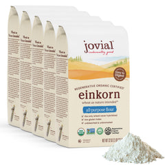 Jovial front packaging of five 32 oz einkorn flour bags showing organic badge