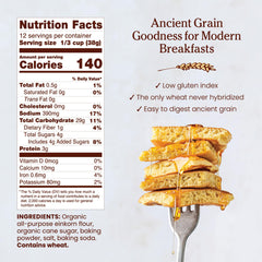 Stack of Jovial einkorn pancakes plated, showing golden color and flavorful benefit