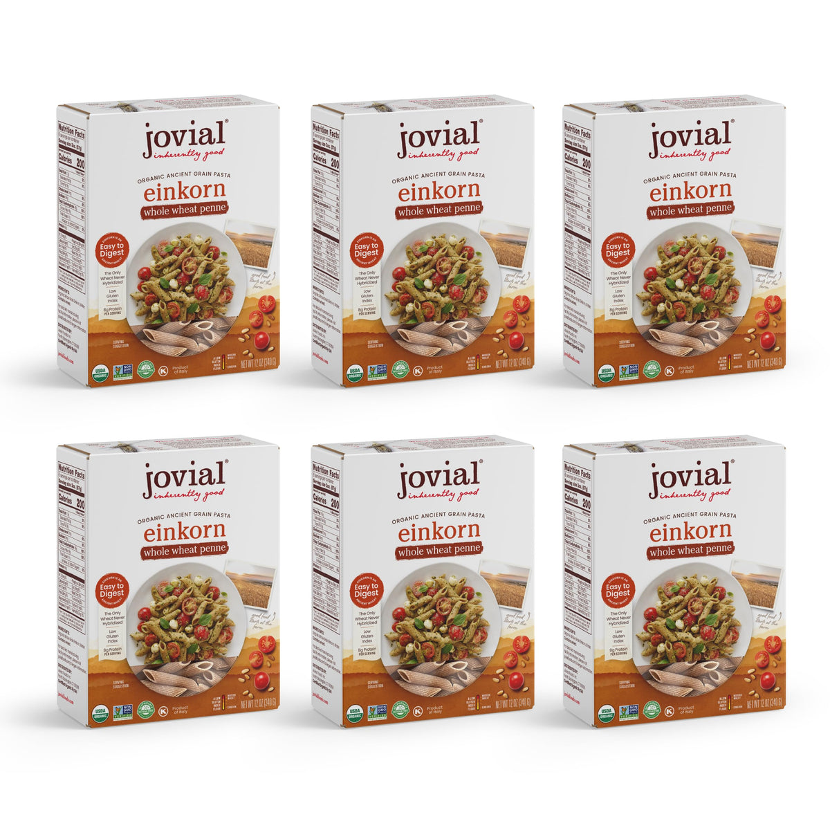 Jovial front packaging showing organic einkorn penne and brand trust