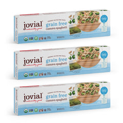 Jovial front packaging showing organic cassava spaghetti benefits and clear labeling
