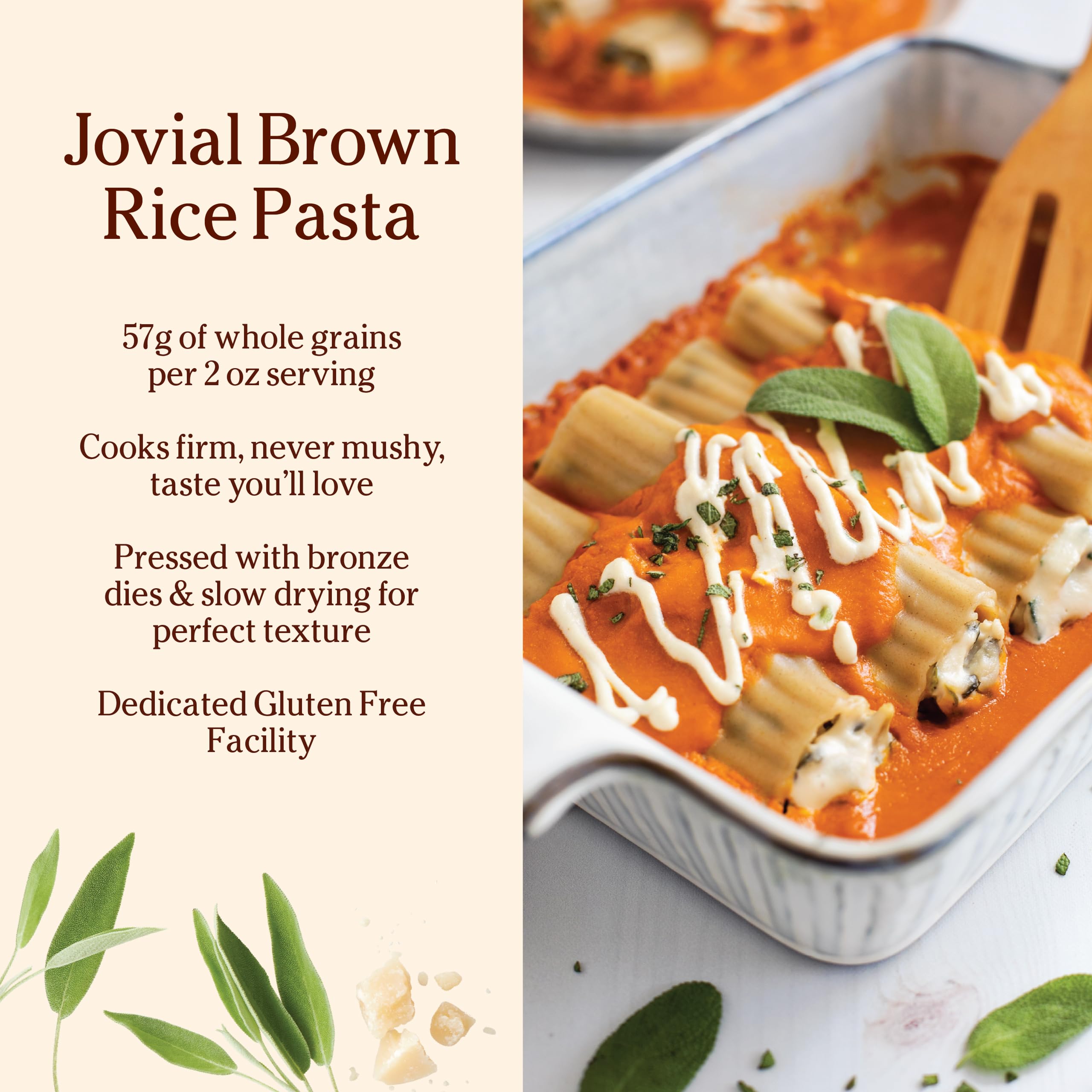 Jovial manicotti beside a measuring cup showing portion size and whole-grain value