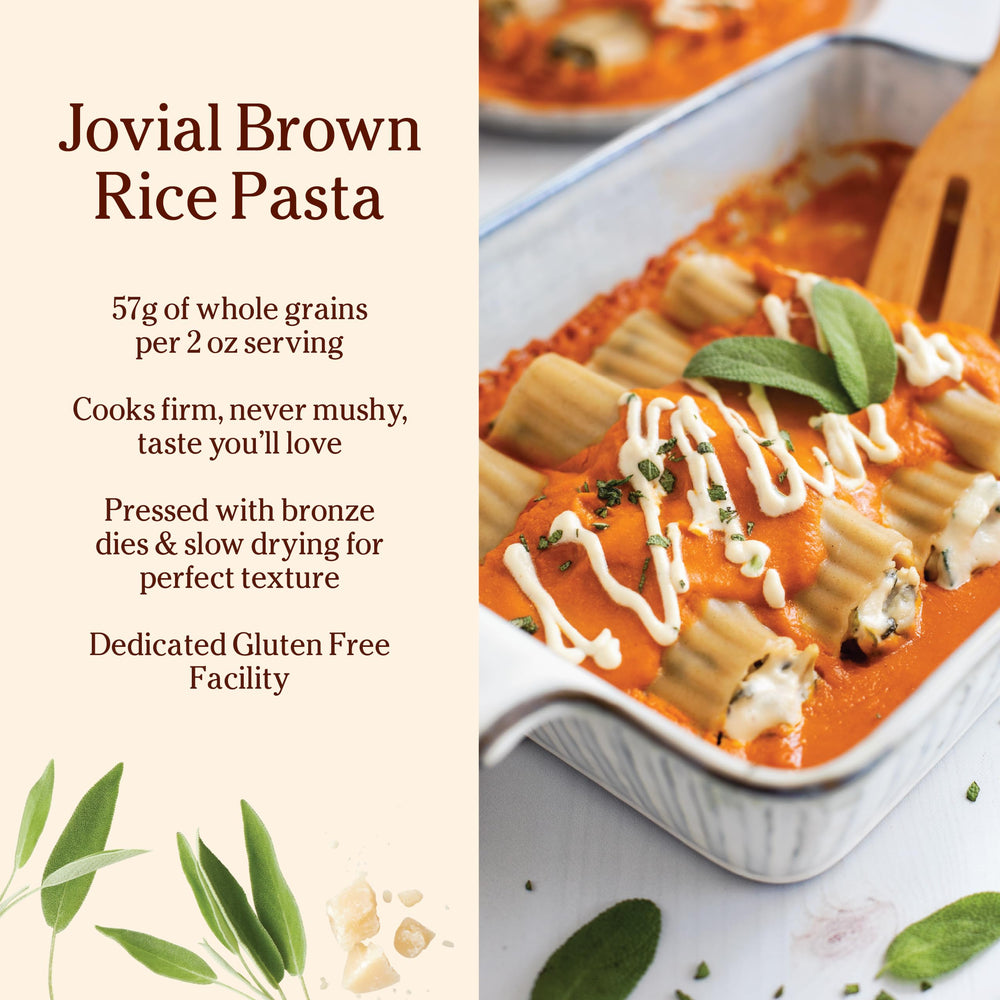 Jovial manicotti beside a measuring cup showing portion size and whole-grain value
