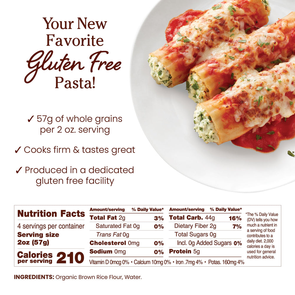 Jovial unboxed brown rice manicotti shells showing shape and ready-to-stuff benefit