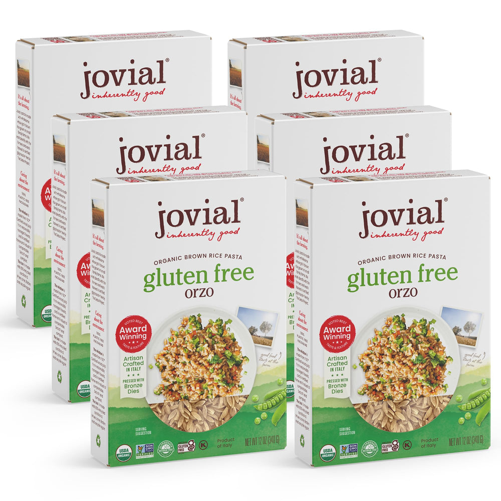 Jovial front packaging showing organic brown rice orzo and product benefit