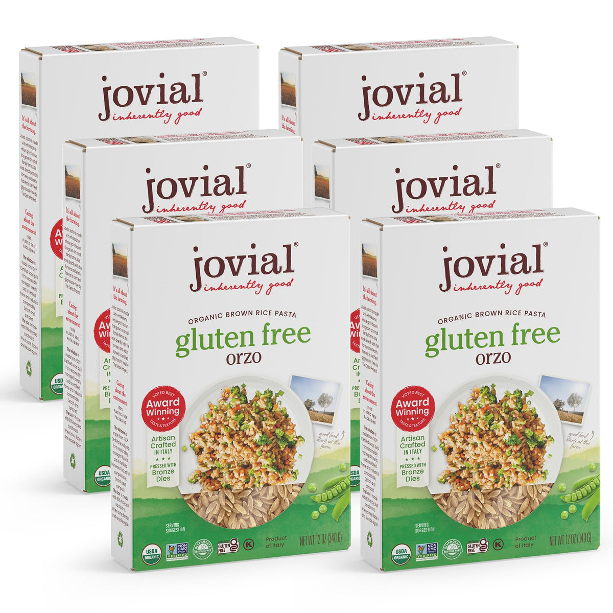 Jovial front packaging showing organic brown rice orzo and product benefit