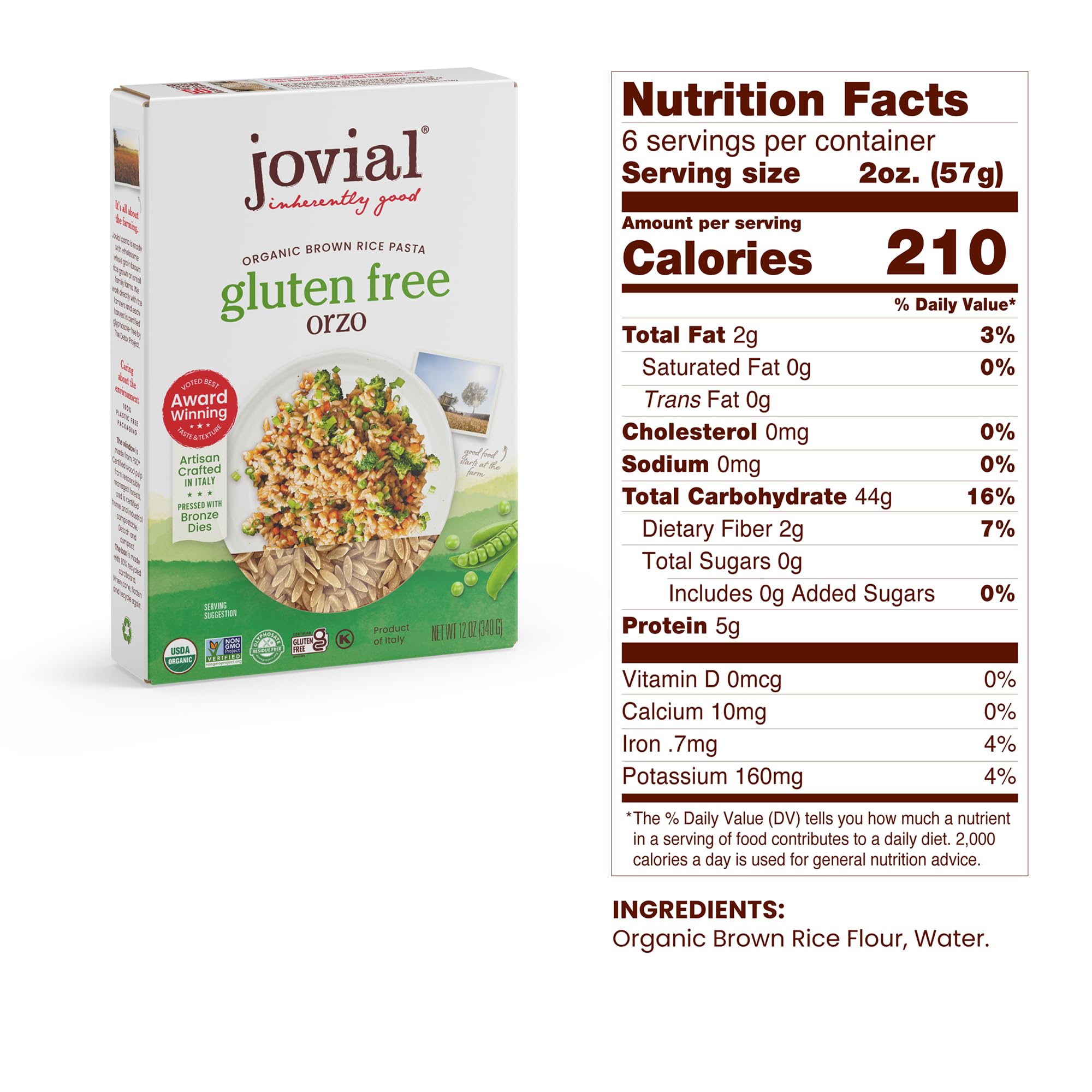 Jovial label with certifications showing organic and gluten-free benefits