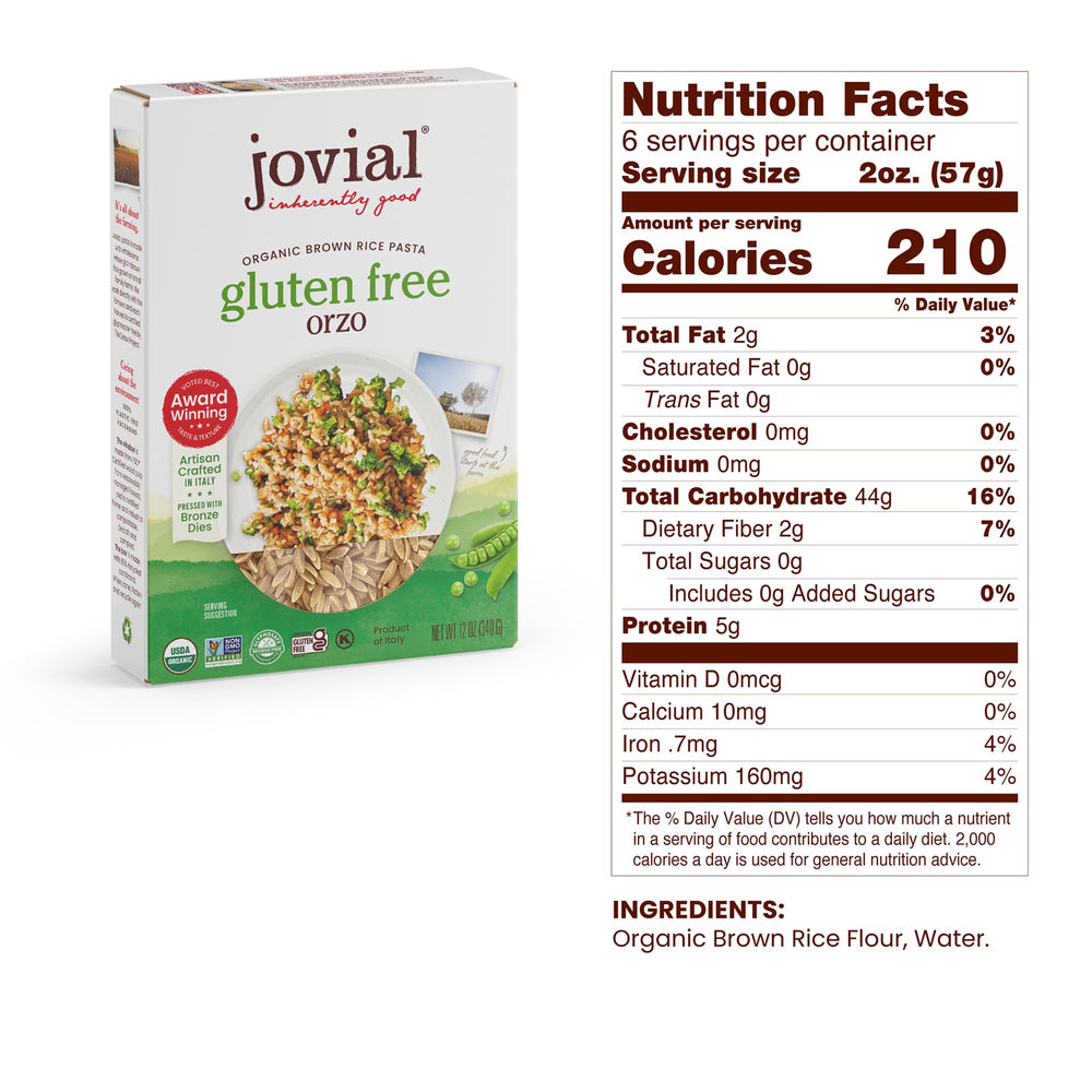 Jovial label with certifications showing organic and gluten-free benefits